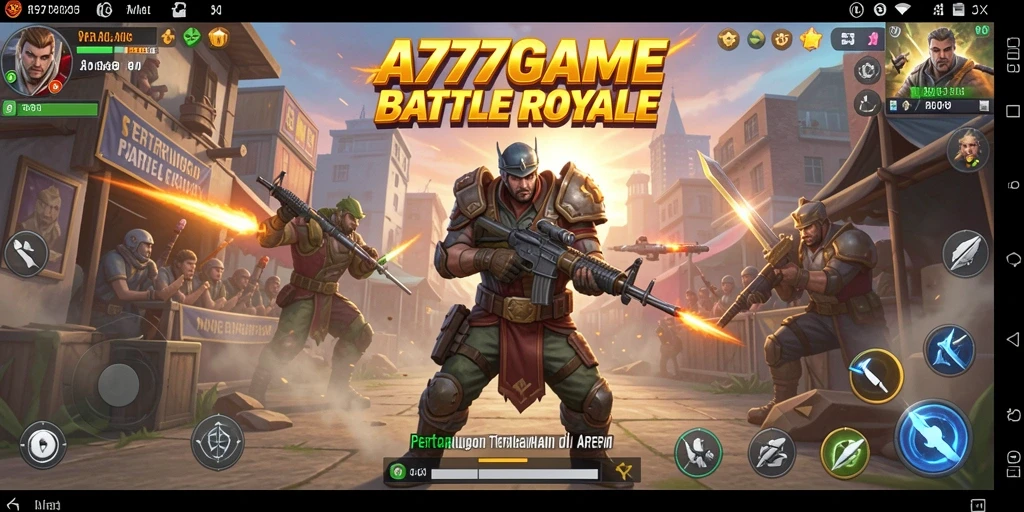 Tangkapan layar utama A777GAME menampilkan aksi seru dalam pertempuran Battle Royale.