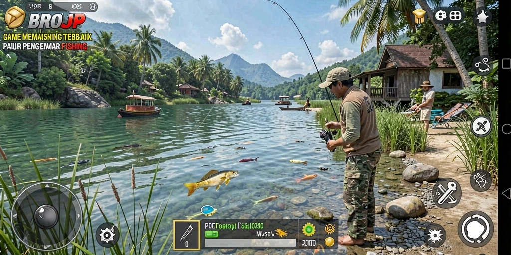 Screenshot dari gameplay <strong>BROJP</strong> saat menangkap ikan di lautan yang indah.