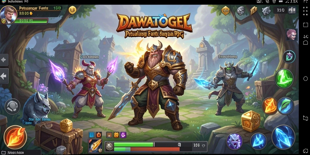 Screenshot utama DAWATOGEL menampilkan aksi pertempuran RPG yang mendebarkan.