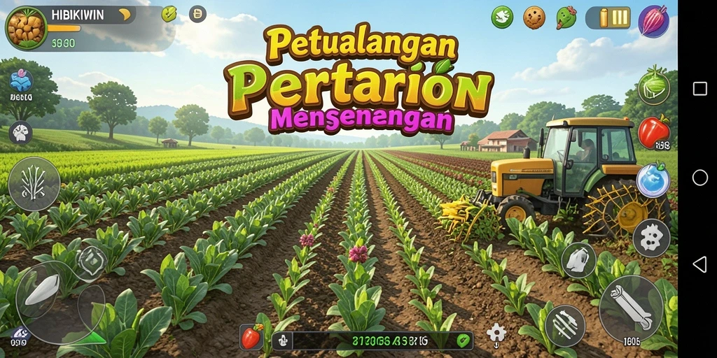 Screenshot gameplay HIBIKIWIN menampilkan aktivitas bertani yang seru.