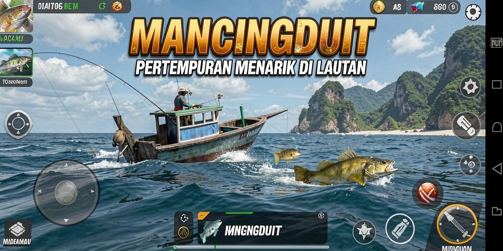 Screenshot gameplay MANCINGDUIT dengan aksi pertempuran di lautan.