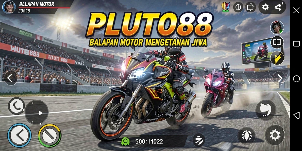 Tampilan gameplay yang mendebarkan dari PLUTO88 dengan motor balap kece.