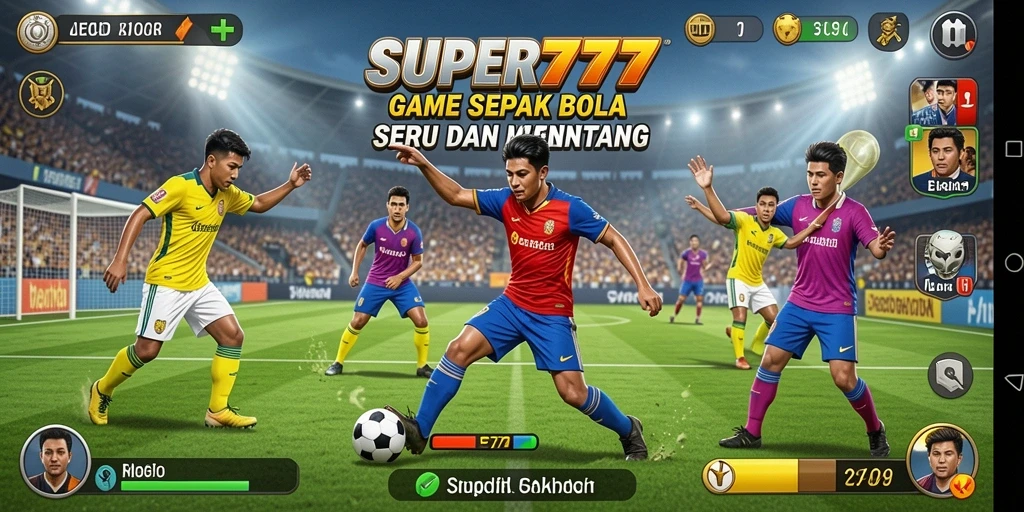 Tampilan gameplay SUPER777 dengan aksi sepak bola yang seru.