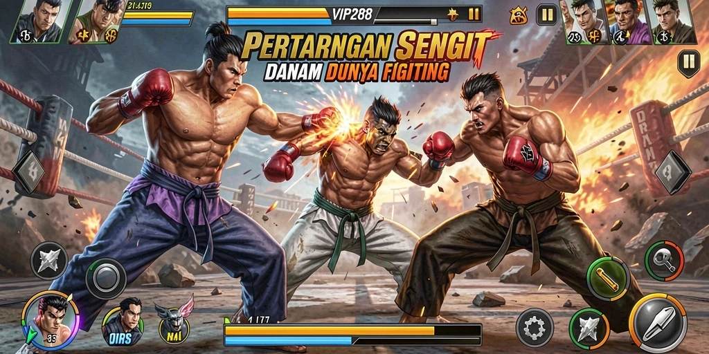 Screenshot utama VIP288 menampilkan pertarungan intens antar karakter.